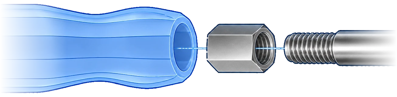 Exploded view of an Elitefoos handle: the 3D-printed handle, the hexagonal stainless steel insert that fits inside it, and the threaded end of the rod.